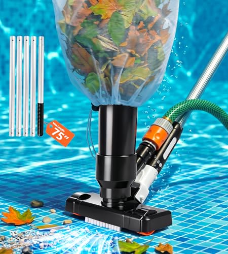 DeeprClean Handheld Pool Vacuum for Above Ground Pool Pool Floor Cleaner with Pole of 75& Brush Garden Hose Water Pressure Powered Spa Jet Vacuum Cleaner Portable for Spa and Hot Tub Leaf Catching