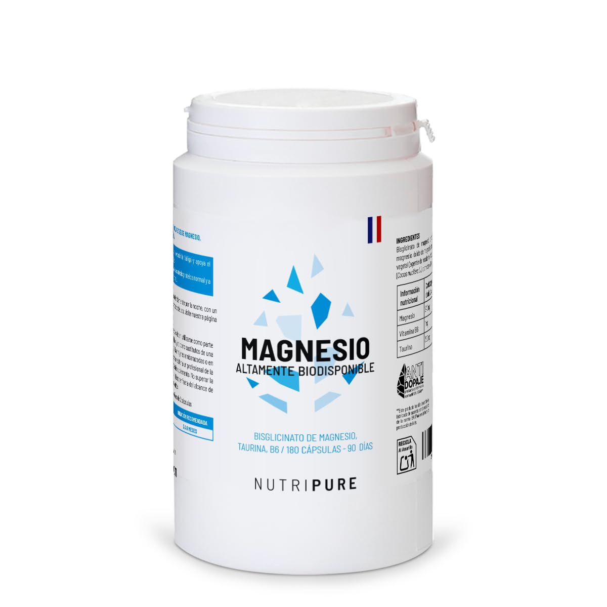 Nutripure | Magnesio Bisglicinato + Taurina & Vitamina B6 | Alta Absorción & Concentración | Antifatiga | 100% Vegano | 180 Cápsulas Vegetales | Tratamiento de 3 Meses | Made in France
