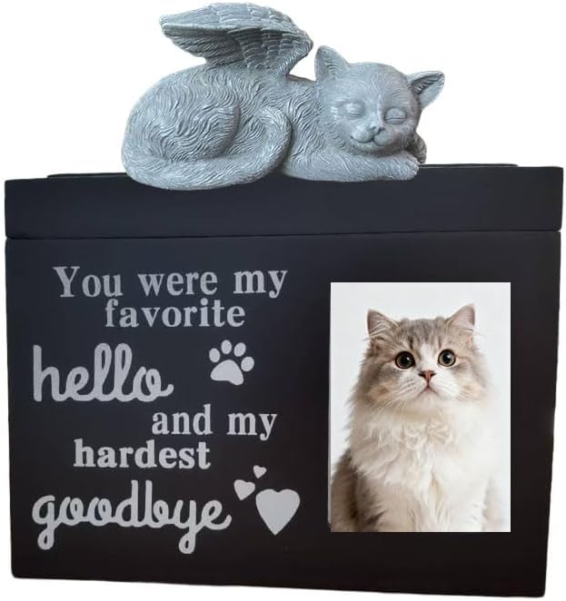 Cat Urns for Cat Ashes, Wooden Cats Urn Ashes Box with Photo, Black Pet Box Cremation with Brass Lock Key, Angel Figurine & Picture Frame, Loss of Loved Cats Keepsake Memorial Gift