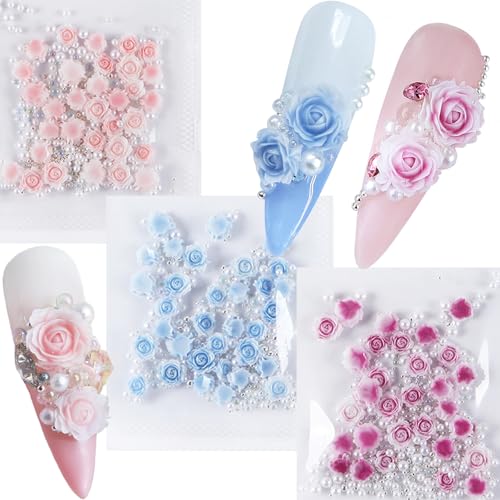 Jaczora 90Pcs Flower Nail Charms, 3D Flowers Charms for Nails, Resin Rose Manicure Accessories for Women and Girls Nail Decoration Wedding Party DIY Craft Supplies (Pink+Purple+Blue)