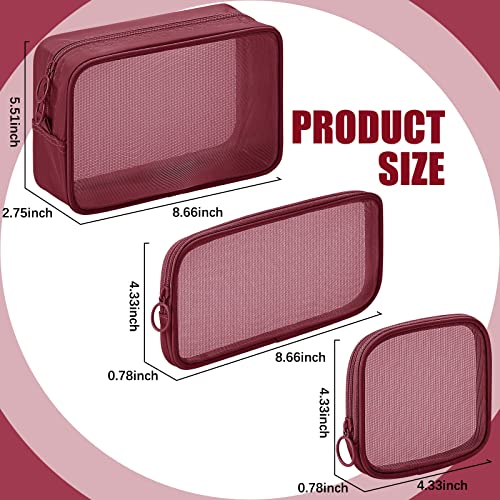 Weewooday 4 Pcs Mesh Makeup Bag Mesh Cosmetic Bag Travel Toiletry Pouch with Zipper Mini Makeup Cosmetic Purse for Daily Accessory(Small, Large, Medium,Wine Red)2