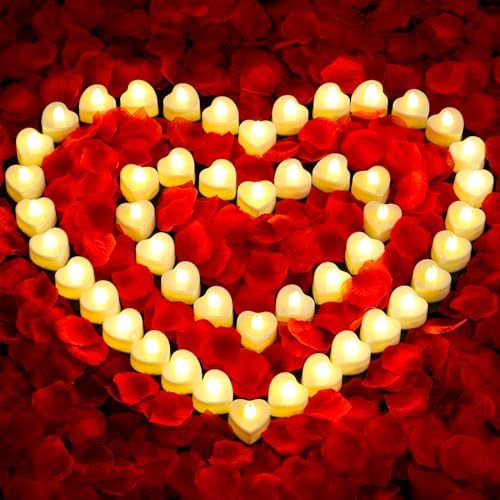 Audab Rose Petals and Candles Set for Romantic Decorations 48 Romantic Candles with 4000 Fake Rose Petals for Special Night Hotel Room Date Night Bedroom Valentines Day Decorations