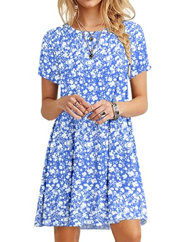 MOLERANI Summer Dresses for Women UK Casual T-Shirt Dress Short Sleeve Ladies Beach Dress (L, Blue White Flower)