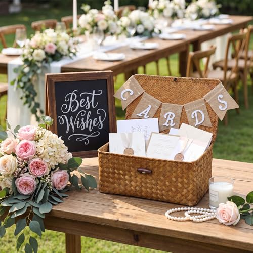 Image of Geelin Sea Grass Wedding Card Basket With Letter Flag Decorative Wedding Card Woven Post Box Suitable For Baby Showers Birthdays Graduation Ceremonies Bridal Showers(Natural Color)