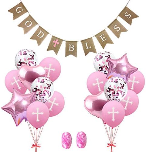 Banner de bautismo con texto en inglés God Bles, decoraciones de bautismo para niña, globos de confirmación, globos de primera comunión, globos