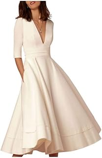 A-Line Wedding Dresses V Neck Tea Length Satin Half Sleeve Casual Vintage Little White Dress 1950s - Buy now