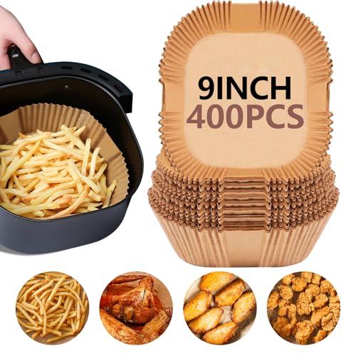 Image of UBeesize 9 Inch Air Fryer Paper Liners,400 PCS Parchment Paper, Air Fryer Disposable Paper Liners for Microwave, Non-Stick Sheets Square Free of Bleach(Bottom size 8 Inch)