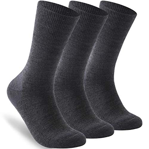 Facool Men's Women's Merino Wool Crew Diabetic Socks with Cushion Sole and Seamless Toe Medical Socks for Edema,Diabetes,Neuropathy 3 Pairs Large Dark Grey