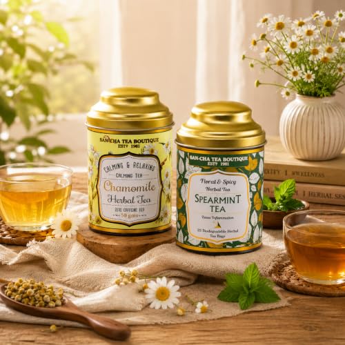 Image of Sancha Tea Boutique, Combo Pack, Chamomile Herbal (50g Loose Flowers) & Spearmint Herbal (25 Pyramid Bags), Caffeine Free Floral & Mint Tisanes, Traditionally Valued for Calm & Refreshment