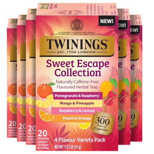 Image of Twinings Sweet Escape Fruity Herbal Tea Variety, 20 Count, Pack of 6 | Assorted 4 Flavours, Naturally Caffeine-Free, Enjoy Hot or Iced, 120 Teabags