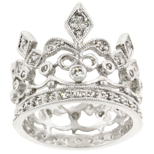 Rhodium Plated Crown Style Eternity Ring Featuring Milgrain Accents & Pave Round Cut Clear Cubic Zirconia3