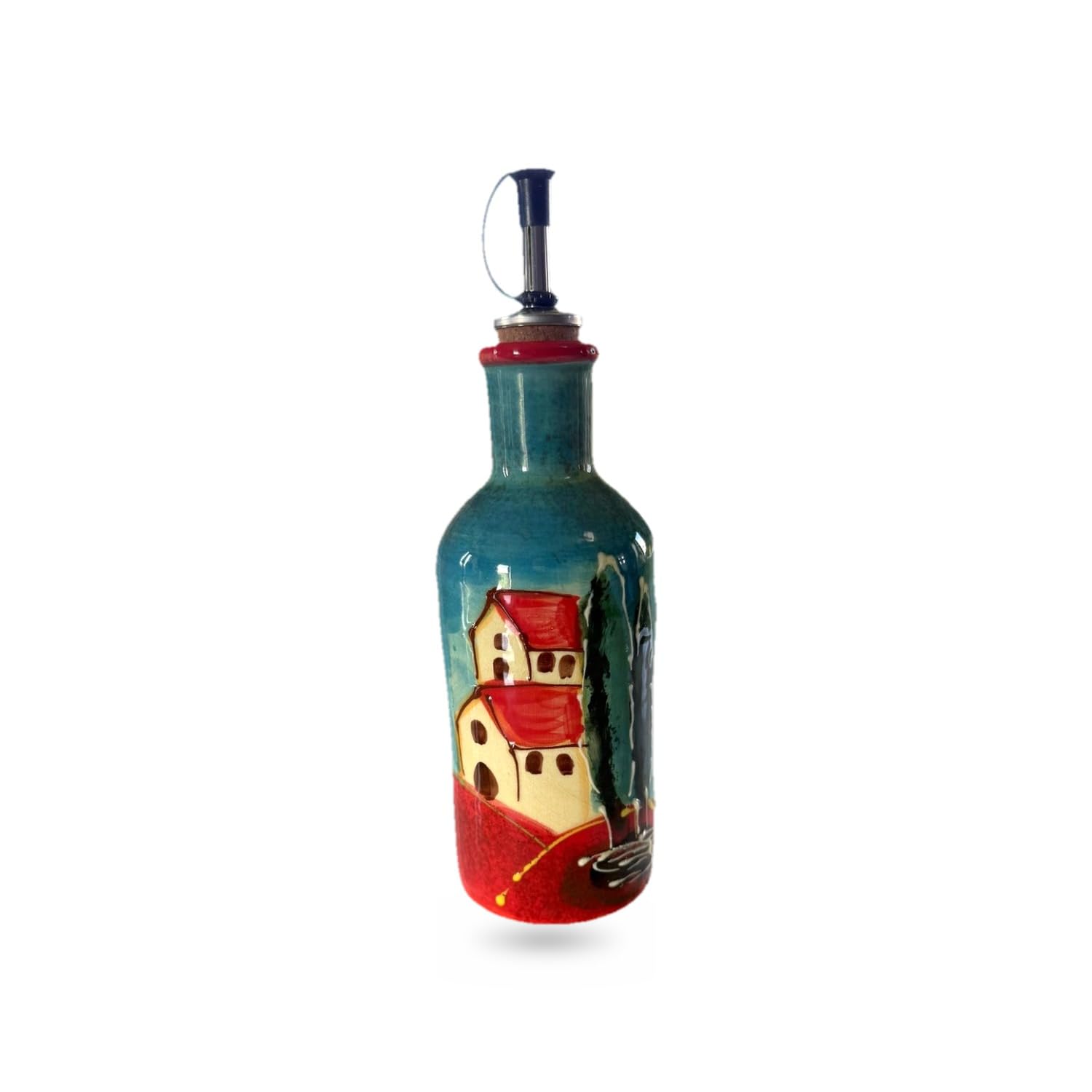 Verano Spanish Ceramics Tuscany Hand Painted Decorative Tall round Oil Drizzler - Home Décor Restaurant Café Kitchen Dining Tabletop Décor Vinegar Server with Cork & Chrome Pourer - 18cm to Neck