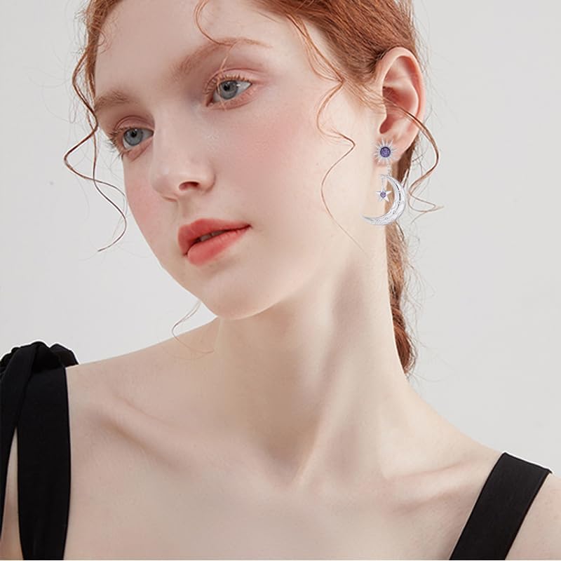14K Gold Moon Sun Star Earrings for Women Dainty Long Crescent moon Star Asymmetrical Dangle Drop Planet Earrings Fashion Halloween Jewellry Gift - Image 4