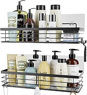 Orimade Shower Caddy with 5 Hooks for Hanging Razor and Sponge Adhesive Shower Shelf Bathroom Accessories Organiser Storage Kitchen Rack Rustproof No Drilling Stainless Steel - 2 Pack (Black)