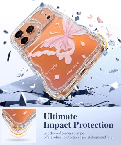 Image of VONZEE Cute Pink Butterfly Transparent Back Cover for iPhone 17 Pro Max | Clear Shockproof TPU Protective Case | Slim Anti-Yellowing Crystal Clear Phone Cover for Girls and Women