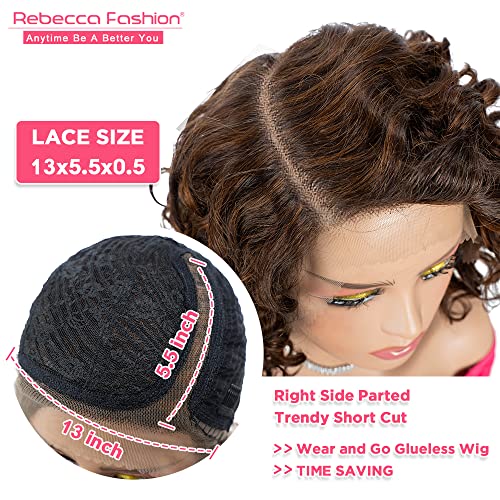 Rebecca Fashion Short Highlight Brown Water Wave Human Hair 13X5.5X0.5 Large C Part Lace Front Wigs For Women Side Part Wigs 12Inch, P4/30 #TOP3