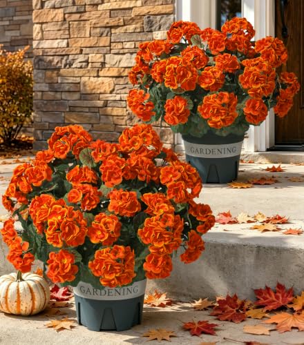 Geraniums Fall Flowers Artificial Flowers for Outdoor Autumn Decor, 2 Pack Potted Plants Faux Geraniums Bush Realistic UV Resistant Fake Flowers Greenery for Front Door Porch Patio Yard Indoor, Orange