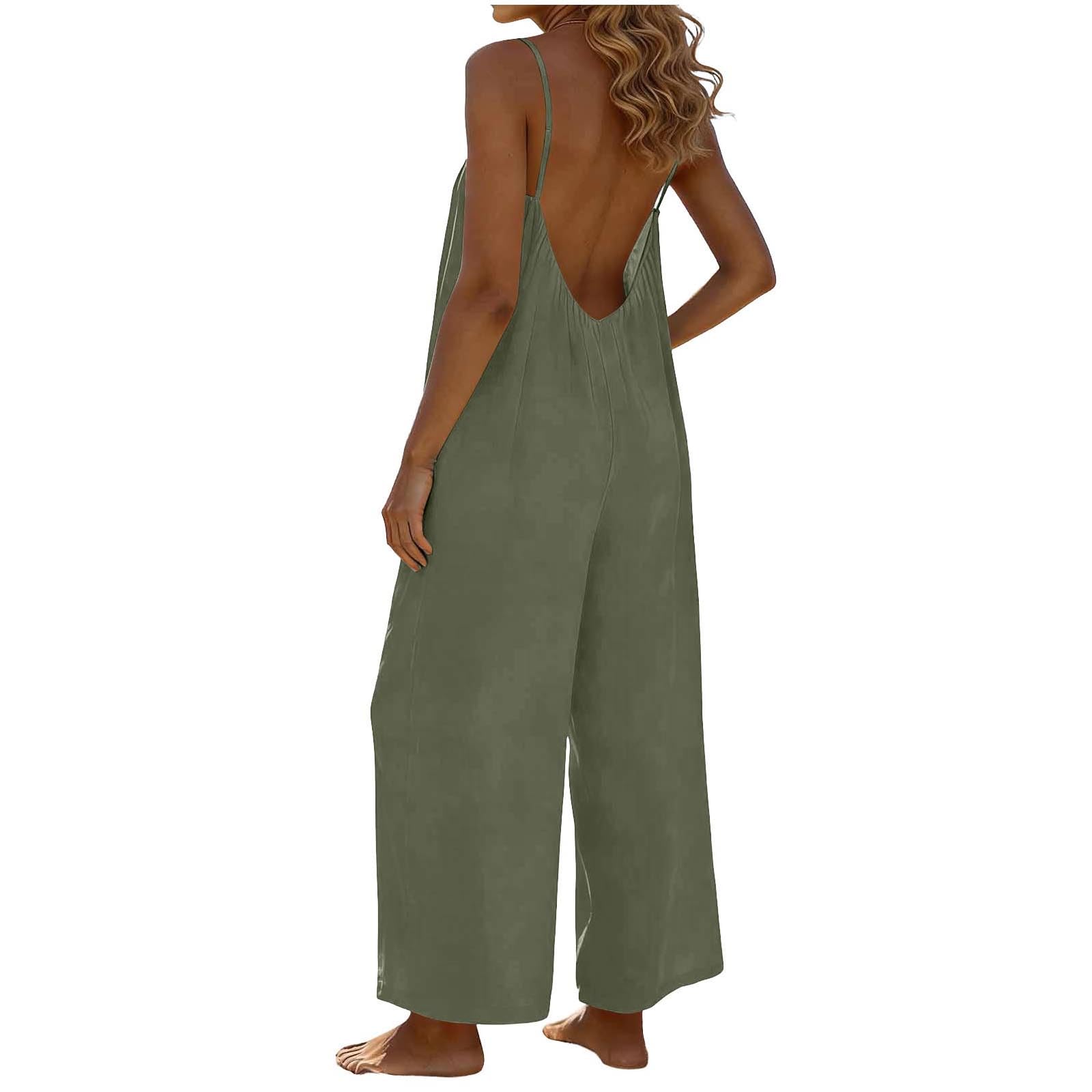 RLEHJN Jumpsuit Damen Sommer,Ärmellos Overall Lang Casual Hosenanzug Sexy V-Ausschnitt Spaghettiträger Romper Loose Fit Playsuit Elegant Einteiler Weites Bein Latzhose Freizeithose mit Taschen