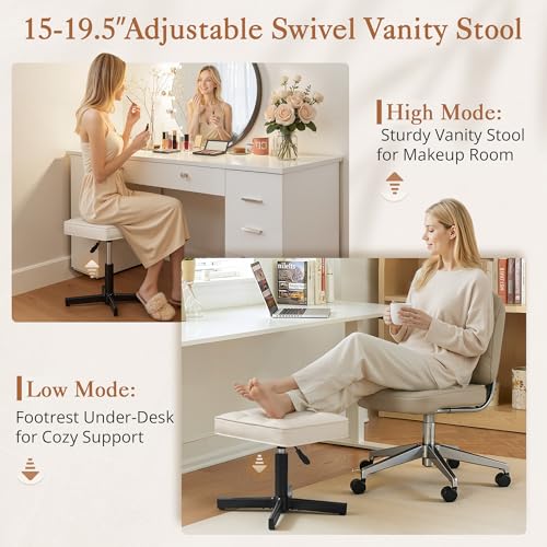 Image of LUE BONA Adjustable Vanity Stool, 15''-19.5'' Foot Rest Under Desk, 360 Swivel Vanity Chair for Makeup Room, Cream Upholstered Faux Leather Ottoman for Bathroom & Living Room, 300lbs