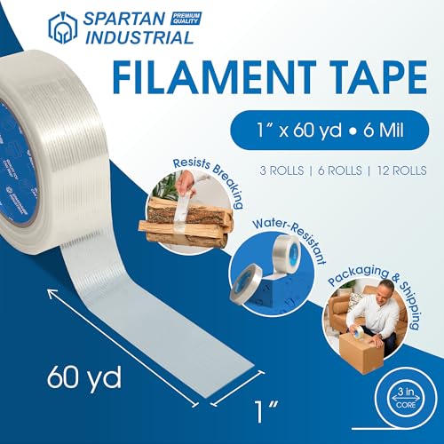 Image of Spartan Industrial - 1 inch X 60 yd Fiberglass Filament Tape - 3 Tape Rolls for Heavy Boxes, Pallets, and More, Durable 6 Mil