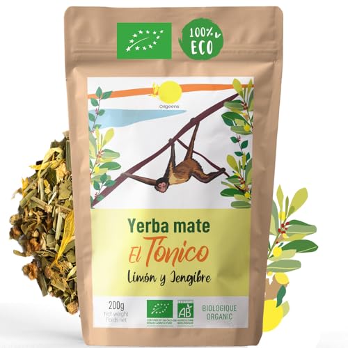 ORIGEENS YERBA MATE ECOLÓGICO LIMÓN JENGIBRE 200g - Le Tonique | Yerba Mate Ecológica No Torrefacta, Hojas, Sin Tallos y Sin Polvo | Bebida Energética y Detox