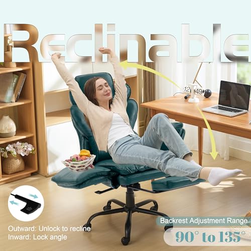 Image of Flip Armrests Criss Cross Office Chair, Reclining Office Chair with Foot Rest, Adjustable Headrest, Massage Waist Pillow, Cross Legged Big and Tall Desk Chair Wide Seat Vanity Chair, Green PU Leather