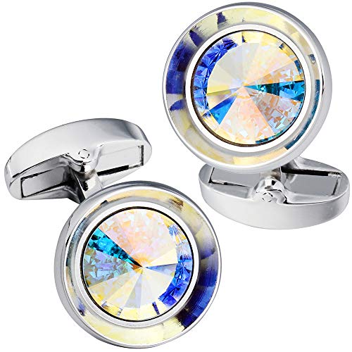 HAWSON Cufflinks for Men-Fashion Silver Color with Multicolor Swarovski Crystal Men French Shirt Cufflinks for Regular Weeding Business