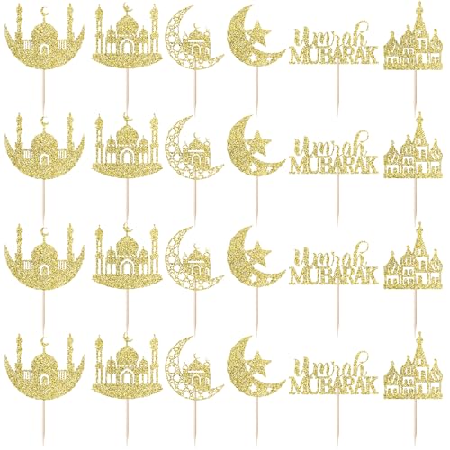 Crseniny 24 Pcs Eid Mubarak Cupcake Toppers,6 Patterns Umrah Mubarak