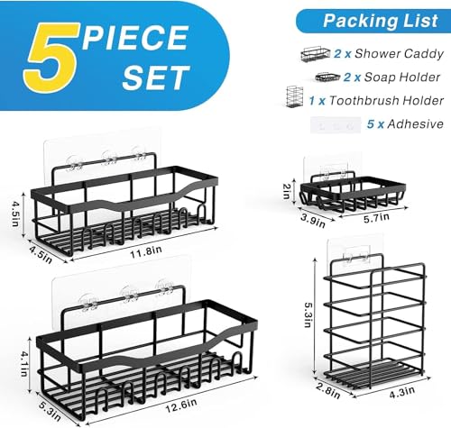 Image of Nieifi KIMEE 5 Pcs Bathroom Organiser Without Drill - Stainless Steel Bathroom Accessories Set, Self Adhesive Shower Caddy Stand for Wall, Rustproof Storage Rack for Shampoo, Soap, Toothbrush Holder