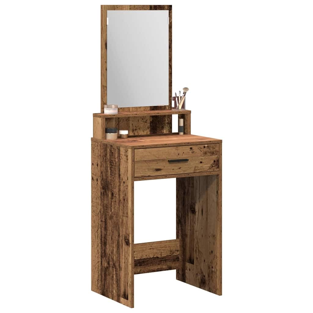 Schminktisch mit Regal Altholz Holzwerkstoff 50 x 41 x 140 cm mit Schublade und Spiegel, Kosmetiktisch für Schlafzimmer, Makeup Styling und Pflege, modernes Vintage Design