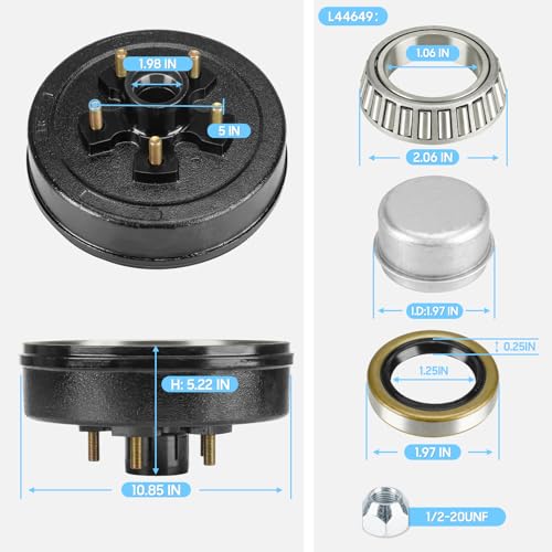 Image of Trailer Axle Electric Brake Kit, Pair of 5 hole on 5 inch Bolt Circle Brake Drum with 10 inch x2-1 /4 inch Manual Adjusting Brakes for 3500 lb Axles(Not Fit 5 on 4.5 inch), Replacement 10 inch Brake Hub Drum Assembly