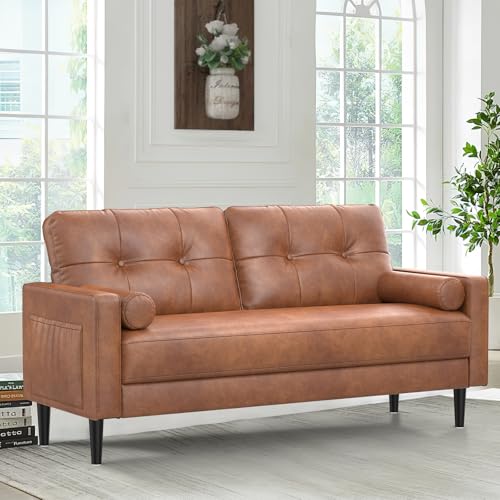 Aotumm Ciort 2 Seater Sofa Modern Sofa Couch with Thicken Cushions 2 Pillows and 2 Pocket Storage Comfy Leather Sofa for Living Room/Bedroom/Office Easy Assembly Small 2 Seater Sofa (PU-Brown)