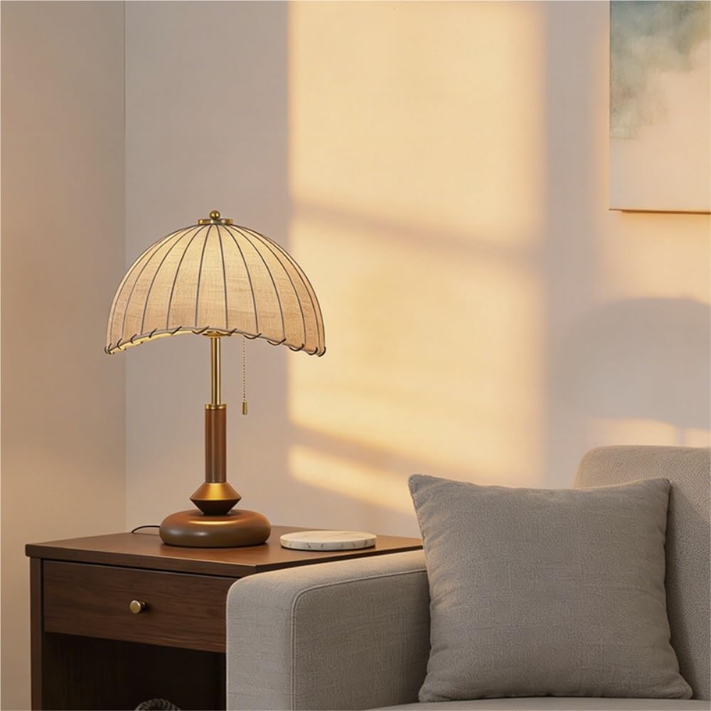 Lampada vintage in legno, lampada da lettura sul comodino | Base in legno massello, paralume in tessuto, retro francese, controllo a pulsanti, luce