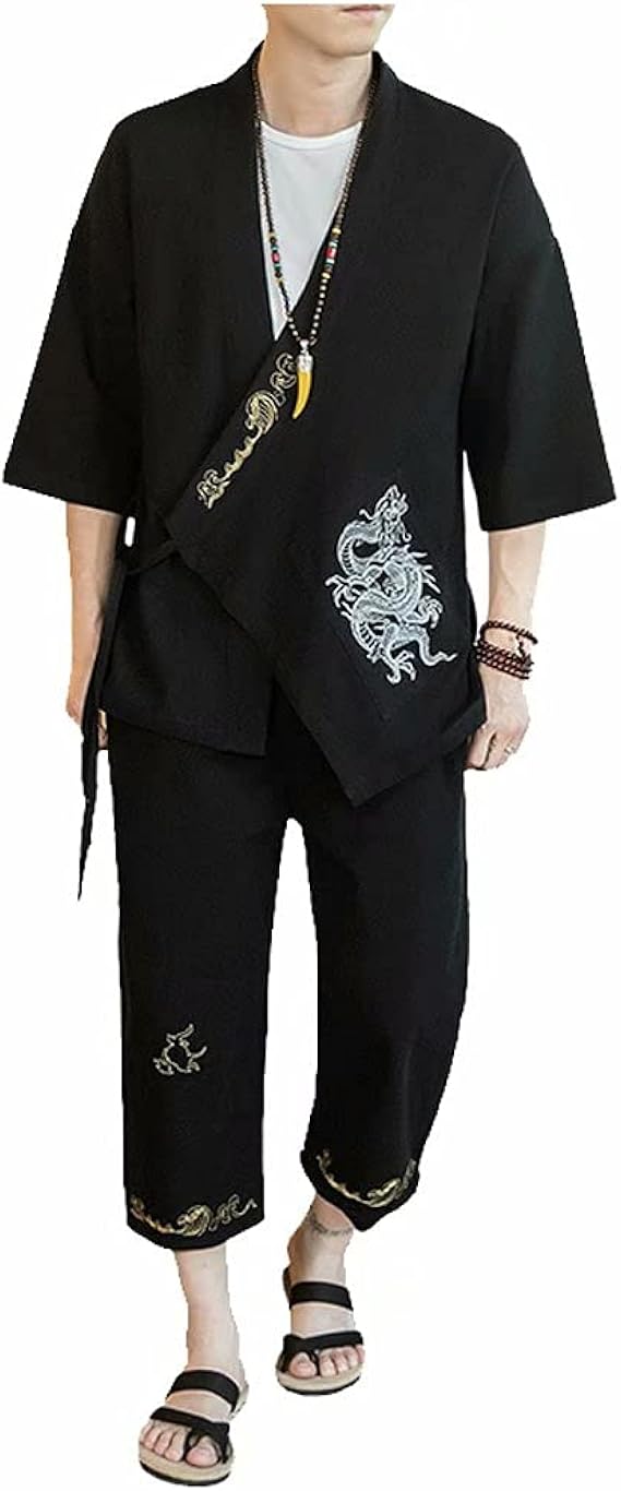 Amazon Tasahaya 甚平 メンズ 2点セット サマーセットアップ 羽織り 作務衣 七分袖 和式 カーディガン 龍柄 パンツ 八分丈 部屋着 ビッグシルエット ゆったり 花火大会 祭り 甚平 通販