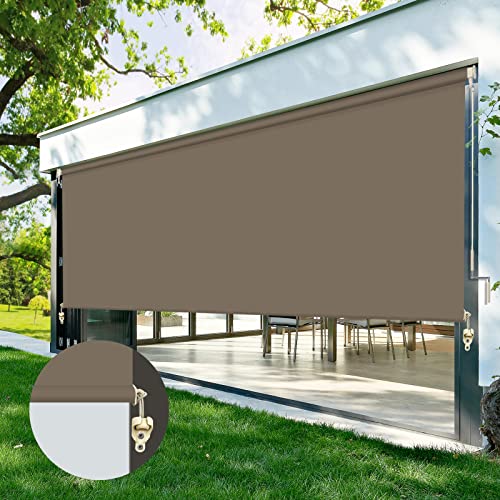 ZY Blinds Exterior Blackout Cordless Window Blinds, Waterproof Dark Brown Fabric Outdoor Roller Shades, UV Protection Pull Shade Privacy Screen for Deck, Porch, Balcony, Backyard