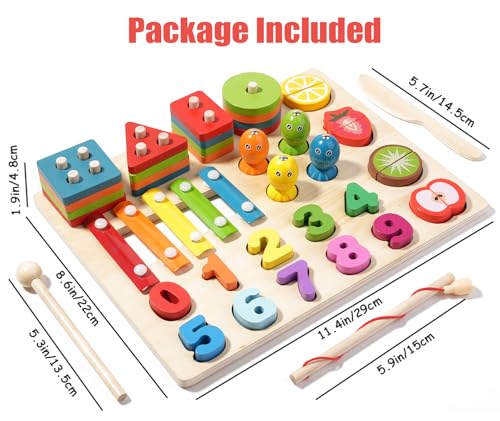 Image of Montessori Wooden Toys for Kids Toddlers Fishing Game Number Puzzles Shape Sorter Stacking Toy Wood Xylophone Cutting Fruit Color Matching Games Preschool Educational Fine Motor Skills Toy ( 5-in-1 )