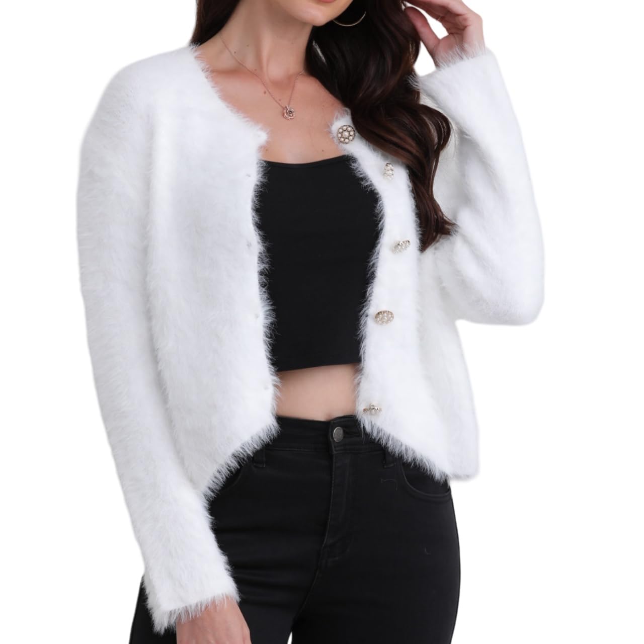 LIUYUYOUGO Womens Cardigans Fuzzy Knit Sweater Tops Open Front Button Cropped Cardigans Winter Soft Warm Fluffy Fleece Sweater Coats Fashion Shrug Jumpers Knitwear Tops White M