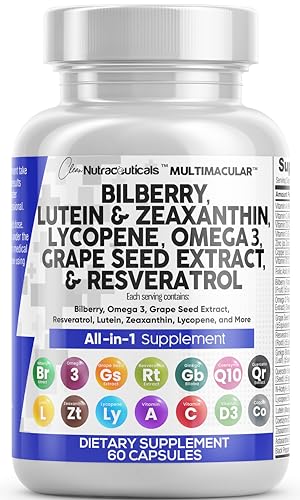 Clean Nutra Eye Vitamins with Bilberry Lutein and Zeaxanthin Supplements Lycopene 40mg Resveratrol Grape Seed Astaxanthin for Eyes - Eye Care Health Support Eye Vitamin and Mineral Supplement