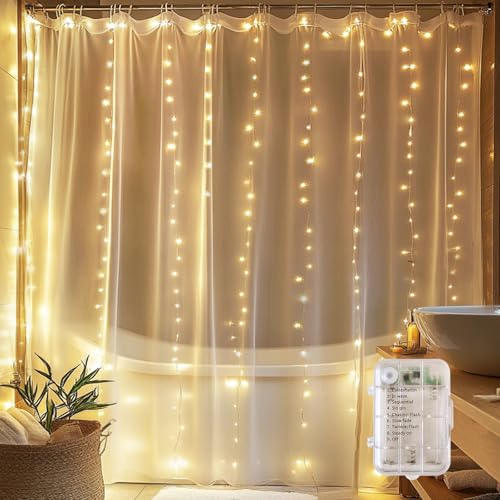 HOLITS Fairy Lights for Shower Curtains Waterproof String Lights for 72 x 72 Inches Shower Curtains Battery Operated Warm White Curtain Lights for Bathroom 180 LEDs Indoor Outdoor Decor (NO CURTAIN)