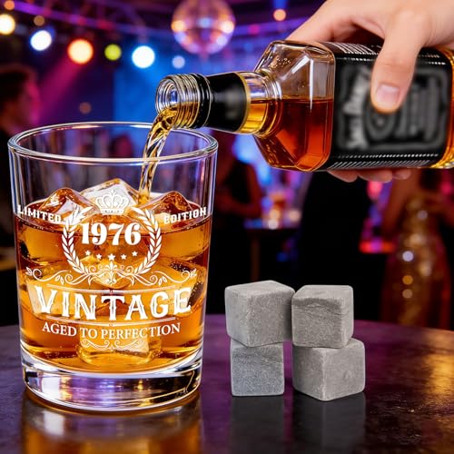 Luvart 50th Birthday Gifts for Men - Vintage 1976 Whiskey Glass Tumbler Wood Box Whiskey Stones Back in 1976 History Card Coaster Birthday Gift Set for Men Him Husband Dad 50 Year Old Party - Image 5