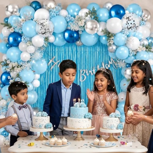 Image of Party Propz Pastel Blue Birthday Decoration Kit - 53 Pcs White, Blue and Silver Birthday Decoration Kit for Boys, Girls, Metallic Shiny Balloon Arch, Pastel Fringe Curtain, Birthday Banner (Cardstock)