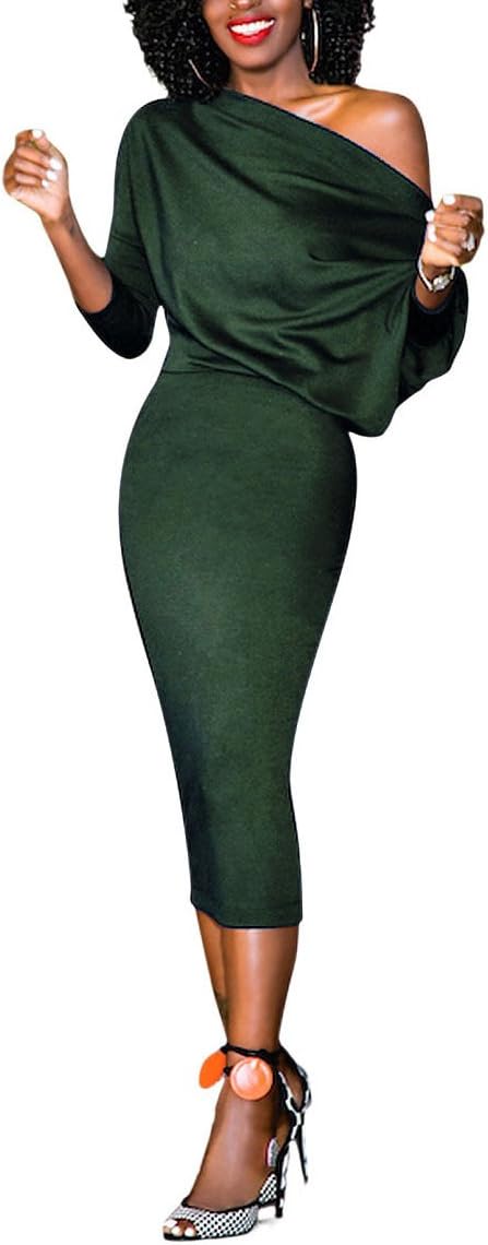 Women's Sexy Pencil Skirt Dress One Off Shoulder Bodycon Midi Cocktail Party Dress Dark Green XXL