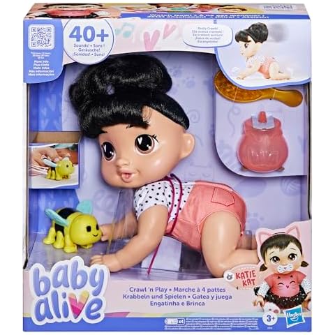 Baby Alive Crawl 'n Play Katie Kat Electronic Crawling Baby Doll Set, Black Hair, Kids Toys for Girls & Boys 3 Years & Up, 10.75 Inches Cover