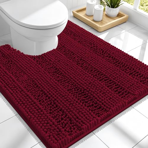 Image of Smiry Thick Chenille Toilet Rugs U-Shaped 24x20, Extra Soft Absorbent Striped Contour Bathroom Rugs, Machine Washable, Dry Quickly, Bath Mat, Burgundy