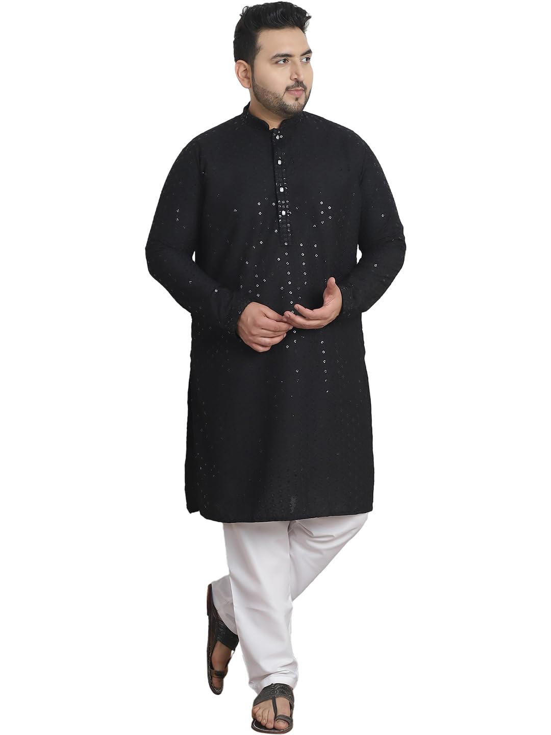 Sojanya Plus (Since 1958) Men's Cotton Sequins Embroidered Black Kurta With White Churidar Pyjama