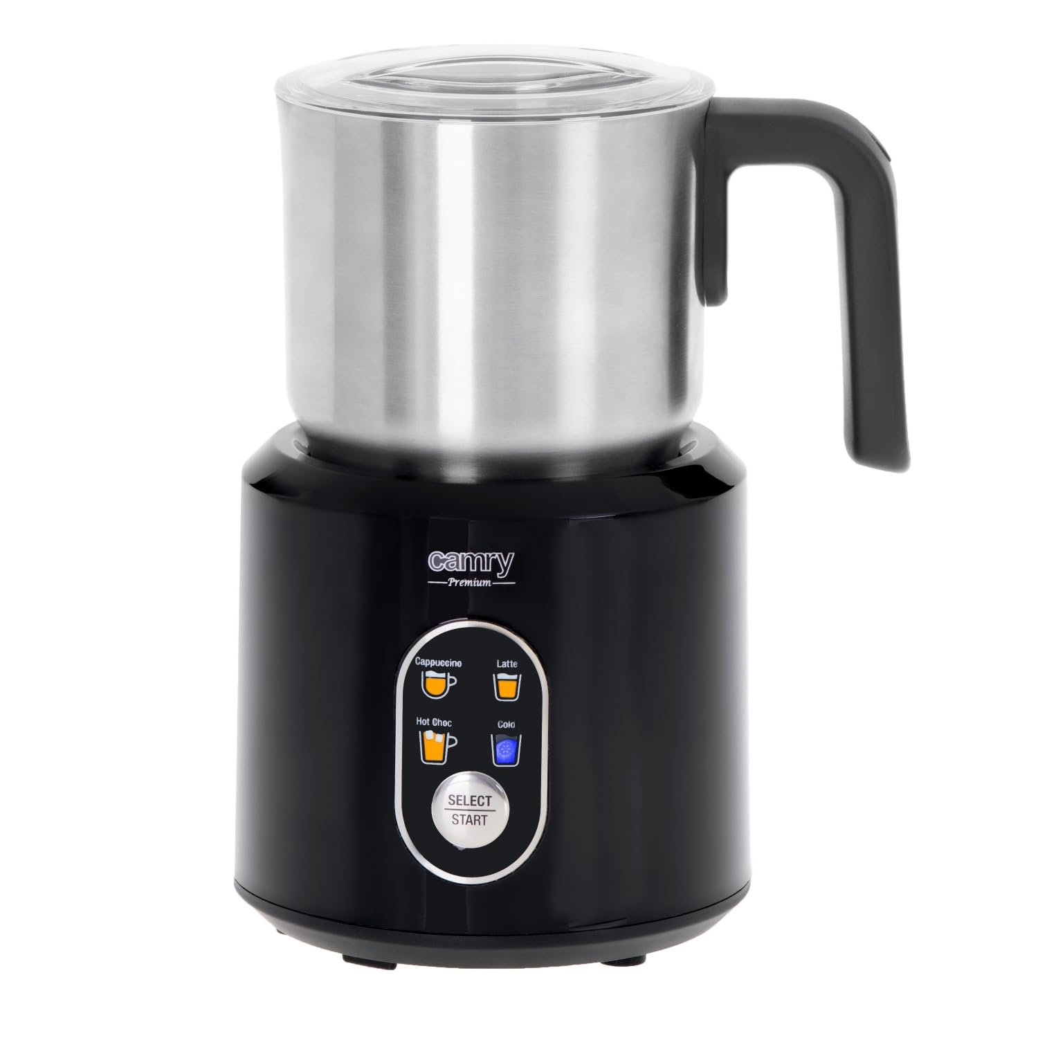 Camry CR4498 Espumador de Leche Automático Batidor de leche Eléctrico, Calentador Leche 350 ml, Hace Espuma en Caliente/Frío, Tapa Transparente, Jarra Inalámbrica Acero Inoxidable, 1000W