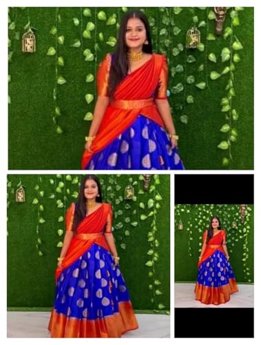 Image of RENVAANI FASHION Women's Indian Traditional Unstitched Kanjivaram Silk Pure Zari Weaving Lehenga Choli With Dupatta Attach With Unstitch Blouse Piece, Half Saree (HALF SAREE HT53 KHAJURI ROYAL RED)