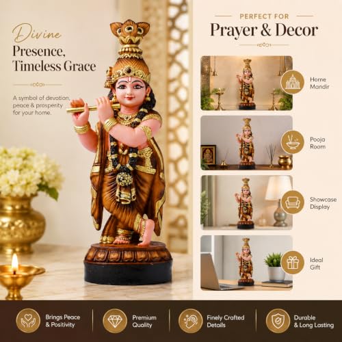 Image of Krishna Statue for Home Decoration House Warming Gift | Lord Krishna murti idol home decoration item showpiece for living room (polymarble,34*13*10)