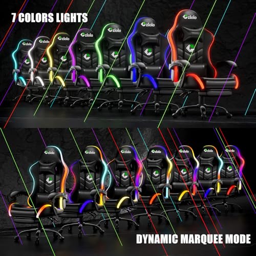 Image of Czlolo Gaming Chair, RGB LED Lights Computer Chair with Footrest, Lumbar Support Massager Gamer Chair, High Back, 90-135 Reclining, Linkage Armrests, Black