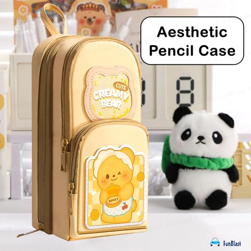 Image of FunBlast Pencil Pouch for Kids, Girls - Creamy Bear Design, Large Capacity Multipurpose Stationery Zipper Pouch for Kids & Adults, Kawaii Aesthetic Pencil Case Organizer (Multicolor)